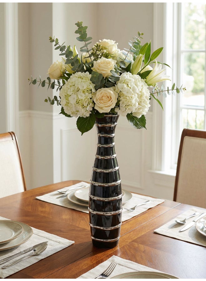 ايست من نون Ceramic Vase for Floral Decorative arrangement, Ht-44 cm | Black Silver Color | Ribbed Rays Design | Size -10.5x10.5x44 cm | Perfect for decorativing your living room, Ideal for decorating coffee table, dinning table, console table or any office or living space - Image 1